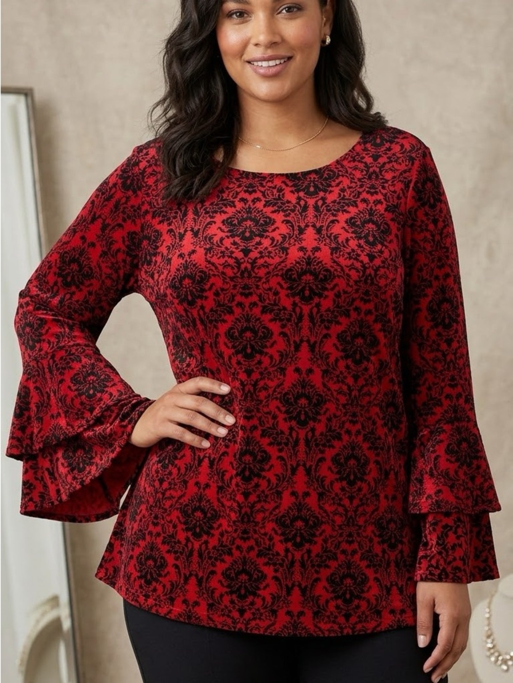 Investments Red and Black Damask Bell-Sleeve Long-Sleeve Top